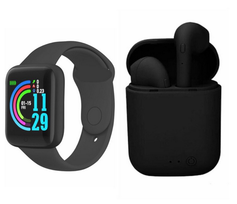 Relógio Digital Inteligente Smartwatch D20 Pulseira Silicone E fone De Ouvido i7 Mini Sem Fio Bluetooth preto